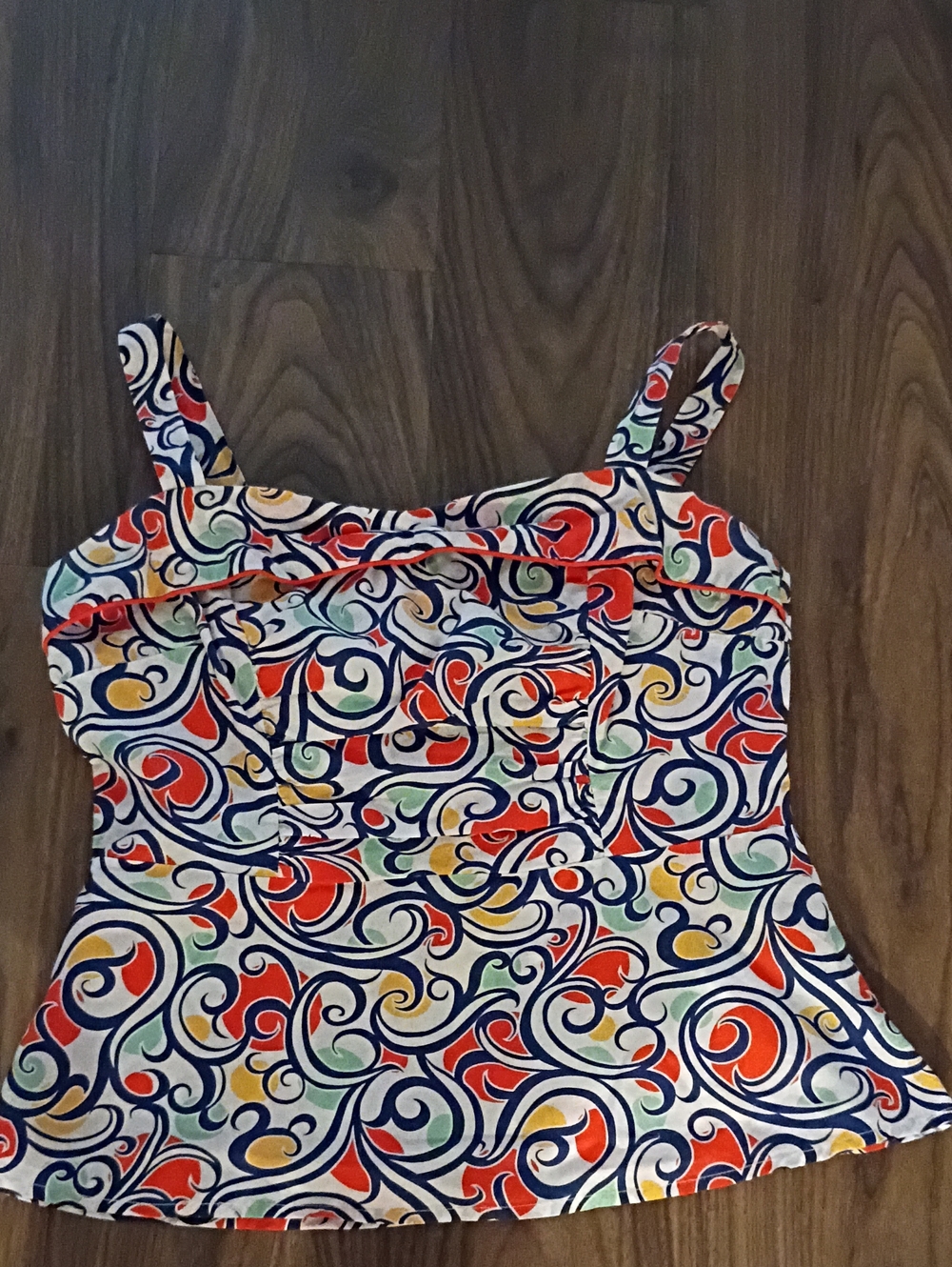 CAbi Multicolor Swirl-Print Camisole in Navy, Red & Yellow